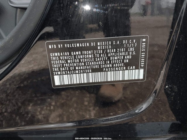 Aukcja sprzedaży 2018 Volkswagen Jetta 1.4t S, vin: 3VW2B7AJ2JM261368, numer aukcji: 45043355