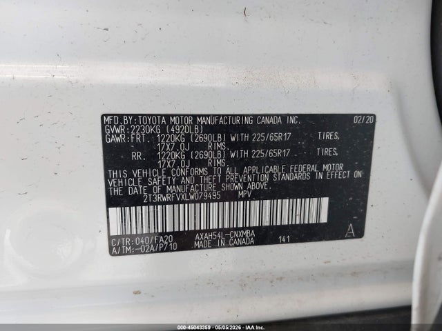 Aukcja sprzedaży 2020 Toyota Rav4 Hybrid Xle, vin: 2T3RWRFVXLW079495, numer aukcji: 45043359
