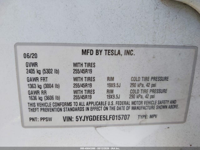 Aukcja sprzedaży 2020 Tesla Model Y Long Range Dual Motor All-wheel Drive, vin: 5YJYGDEE5LF015707, numer aukcji: 45043368