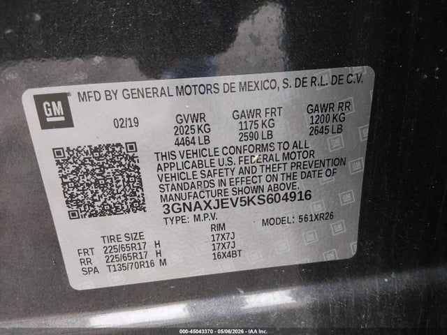 Продаж на аукціоні авто 2019 Chevrolet Equinox Lt, vin: 3GNAXJEV5KS604916, номер лоту: 45043370