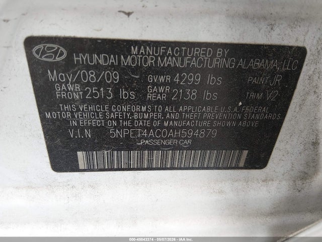 Продажа на аукционе авто 2010 Hyundai Sonata Gls, vin: 5NPET4AC0AH594879, номер лота: 45043374