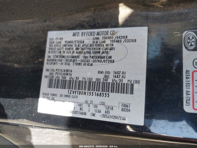 2005 Ford Mustang V6 Deluxe/v6 Premium მანქანა იყიდება აუქციონზე, vin: 1ZVFT80N155168555, აუქციონის ნომერი: 45043376