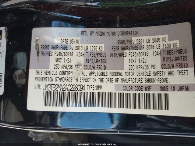 Aukcja sprzedaży 2010 Mazda Cx-9 Touring, vin: JM3TB2MA2A0228094, numer aukcji: 45043377