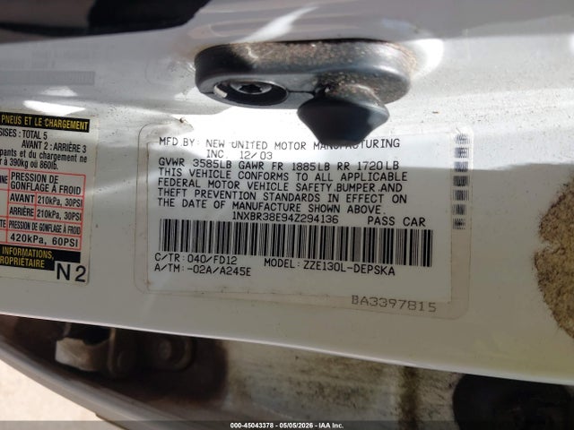 2004 Toyota Corolla S მანქანა იყიდება აუქციონზე, vin: 1NXBR38E94Z294136, აუქციონის ნომერი: 45043378