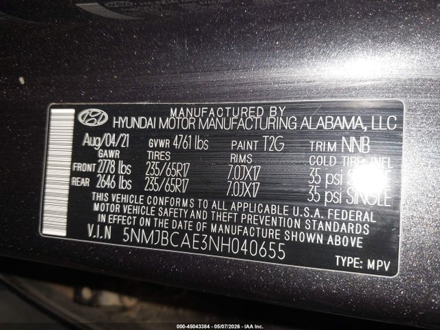 Aukcja sprzedaży 2022 Hyundai Tucson Sel, vin: 5NMJBCAE3NH040655, numer aukcji: 45043384