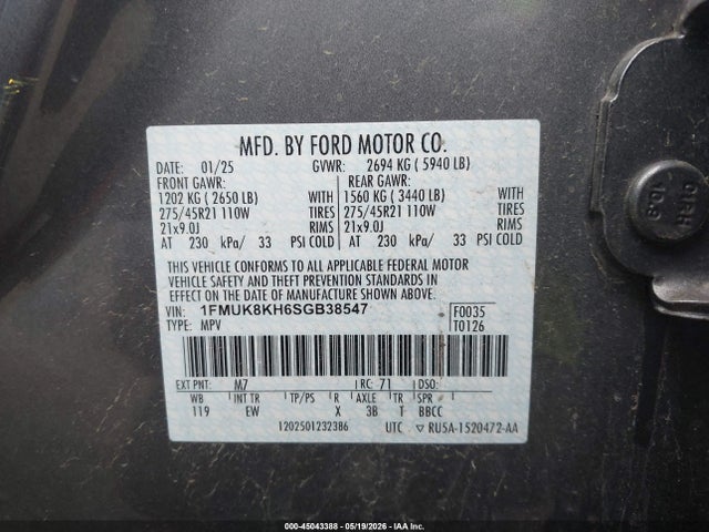 2025 Ford Explorer St-line მანქანა იყიდება აუქციონზე, vin: 1FMUK8KH6SGB38547, აუქციონის ნომერი: 45043388