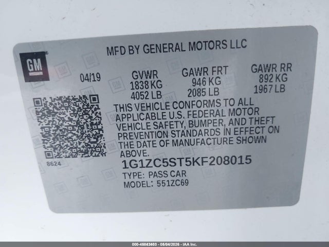 Продаж на аукціоні авто 2019 Chevrolet Malibu 1fl, vin: 1G1ZC5ST5KF208015, номер лоту: 45043403