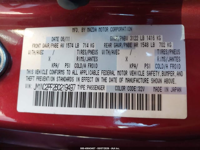 Продажа на аукционе авто 2011 Mazda Mx-5 Miata Grand Touring, vin: JM1NC2PF2B0219497, номер лота: 45043407