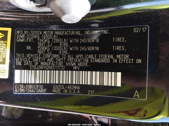 Aukcja sprzedaży 2017 Toyota Highlander Xle, vin: 5TDJZRFH2HS511732, numer aukcji: 45043408