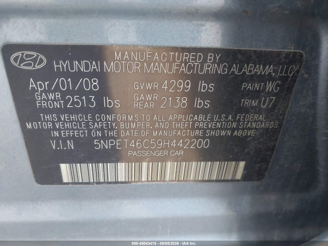 Auction sale of the 2009 Hyundai Sonata Gls, vin: 5NPET46C59H442200, lot number: 45043415