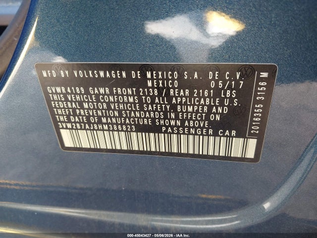 45043427 :رقم المزاد ، 3VW2B7AJ8HM386823 vin ، 2017 Volkswagen Jetta 1.4t S مزاد بيع