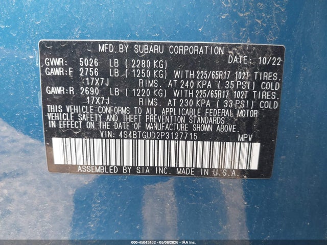 2023 Subaru Outback Wilderness მანქანა იყიდება აუქციონზე, vin: 4S4BTGUD2P3127715, აუქციონის ნომერი: 45043432