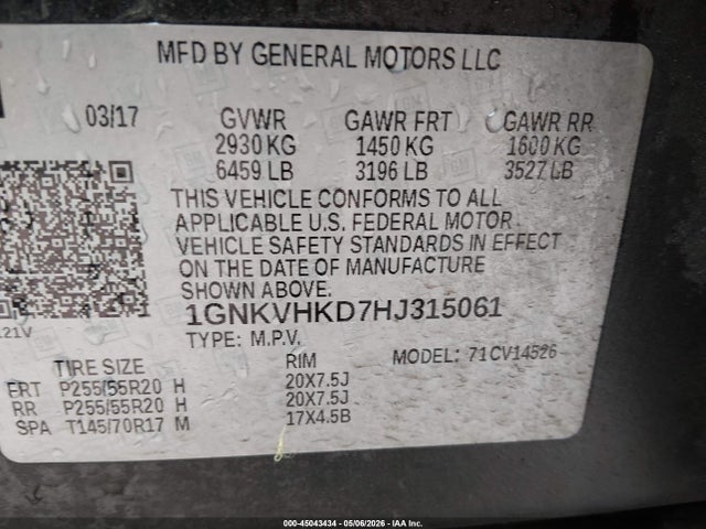 1GNKVHKD7HJ315061 Chevrolet Traverse 2lt