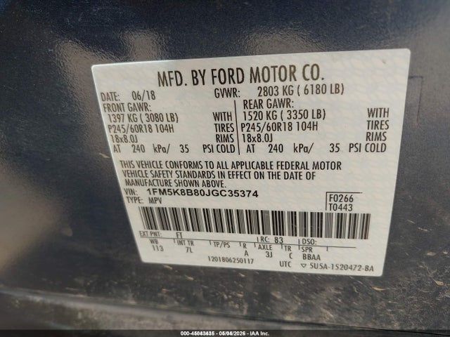 Aukcja sprzedaży 2018 Ford Explorer, vin: 1FM5K8B80JGC35374, numer aukcji: 45043435