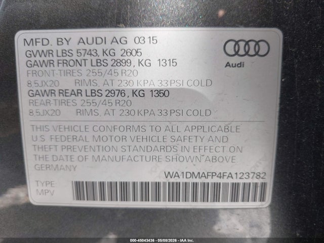 45043436 :رقم المزاد ، WA1DMAFP4FA123782 vin ، 2015 Audi Q5 3.0 Tdi Premium Plus مزاد بيع