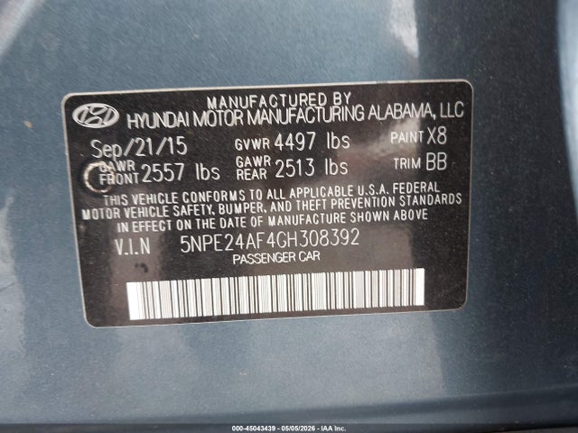 45043439 :رقم المزاد ، 5NPE24AF4GH308392 vin ، 2016 Hyundai Sonata Se مزاد بيع