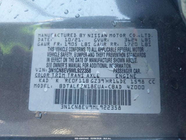 3N1CN8EV9ML922358 Nissan Versa Sv Xtronic Cvt