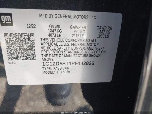 Aukcja sprzedaży 2023 Chevrolet Malibu Fwd 1lt, vin: 1G1ZD5ST1PF142826, numer aukcji: 45043448