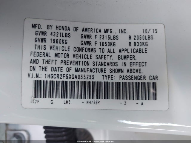 Продаж на аукціоні авто 2016 Honda Accord Sport, vin: 1HGCR2F5XGA055255, номер лоту: 45043459