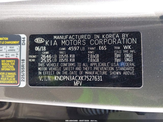 Aukcja sprzedaży 2019 Kia Sportage Ex, vin: KNDPN3ACXK7527631, numer aukcji: 45043460
