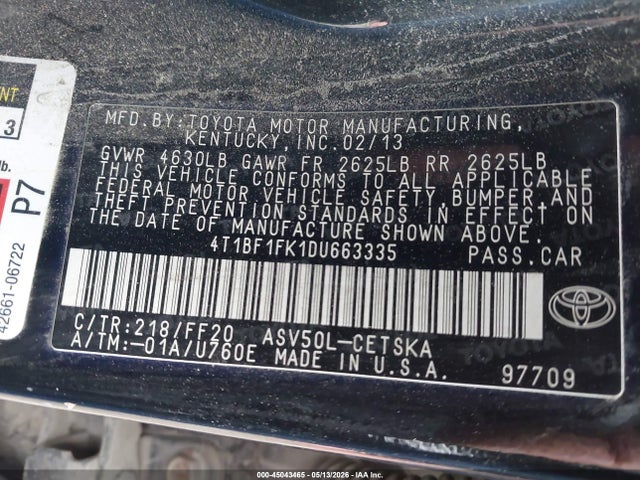 45043465 :رقم المزاد ، 4T1BF1FK1DU663335 vin ، 2013 Toyota Camry Se مزاد بيع