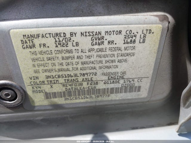Продажа на аукционе авто 2003 Nissan Sentra Gxe, vin: 3N1CB51D63L789772, номер лота: 45043467