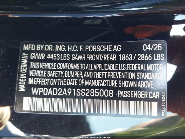WP0AD2A91SS285008 Porsche 911 Turbo 50 Years/turbo Cabriolet/turbo S Cabriolet