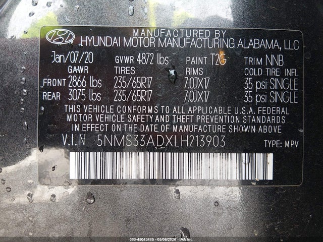 2020 Hyundai Santa Fe Sel მანქანა იყიდება აუქციონზე, vin: 5NMS33ADXLH213903, აუქციონის ნომერი: 45043485