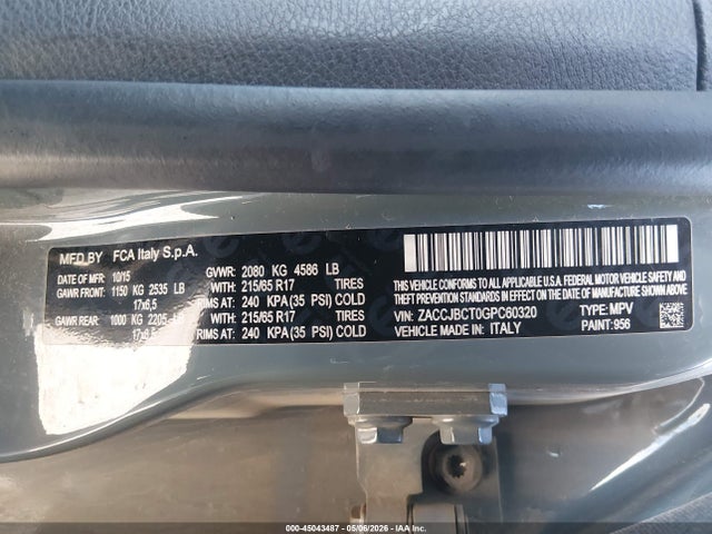 Продажа на аукционе авто 2016 Jeep Renegade Trailhawk, vin: ZACCJBCT0GPC60320, номер лота: 45043487