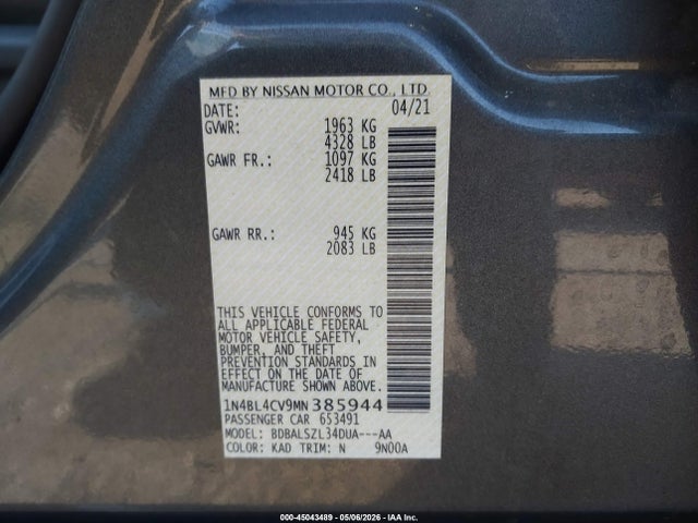 45043489 :رقم المزاد ، 1N4BL4CV9MN385944 vin ، 2021 Nissan Altima Sr Fwd مزاد بيع