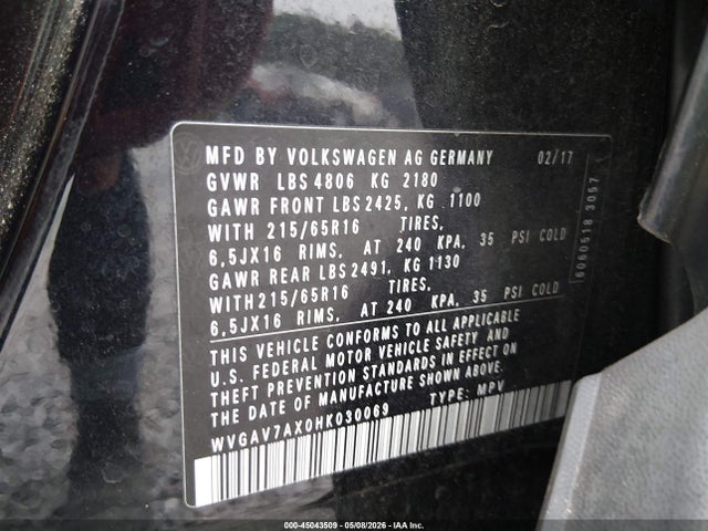 45043509 :رقم المزاد ، WVGAV7AX0HK030069 vin ، 2017 Volkswagen Tiguan 2.0t/2.0t S مزاد بيع