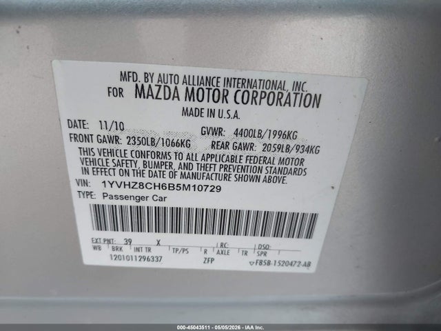 Продаж на аукціоні авто 2011 Mazda Mazda6 I Touring Plus, vin: 1YVHZ8CH6B5M10729, номер лоту: 45043511