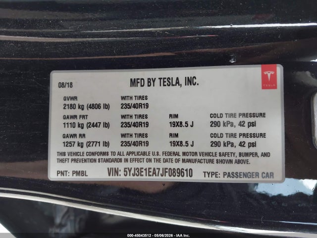 Tesla Model 3 Long Range/mid Range 2018 5YJ3E1EA7JF089610 Image 9