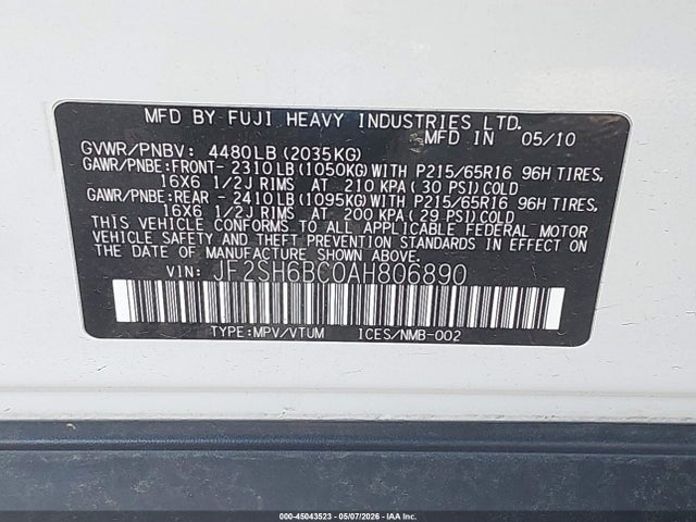 Продаж на аукціоні авто 2010 Subaru Forester 2.5x, vin: JF2SH6BC0AH806890, номер лоту: 45043523