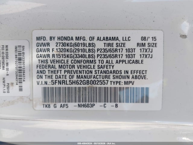 Honda Odyssey Ex-l 2016 5FNRL5H62GB002557 Image 9