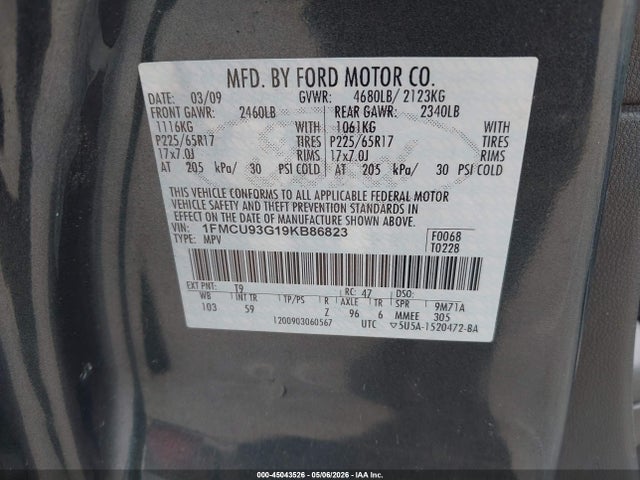 45043526 :رقم المزاد ، 1FMCU93G19KB86823 vin ، 2009 Ford Escape Xlt مزاد بيع