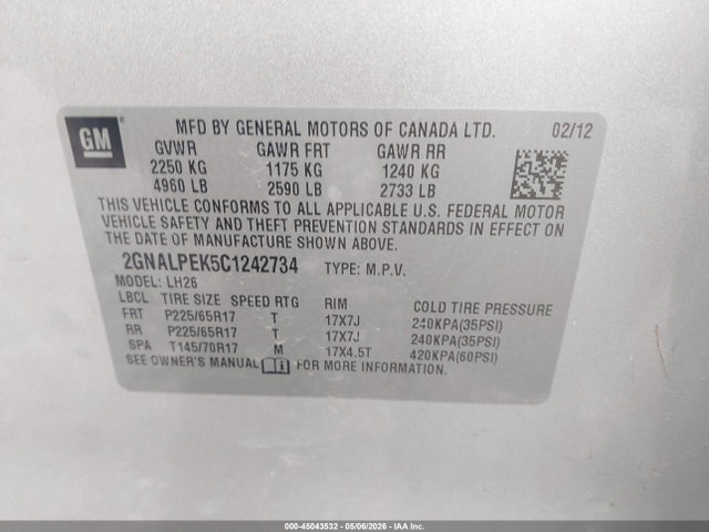 Aukcja sprzedaży 2012 Chevrolet Equinox 2lt, vin: 2GNALPEK5C1242734, numer aukcji: 45043532