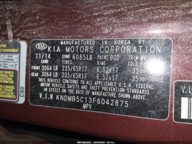 Aukcja sprzedaży 2015 Kia Sedona Lx, vin: KNDMB5C13F6042875, numer aukcji: 45043537