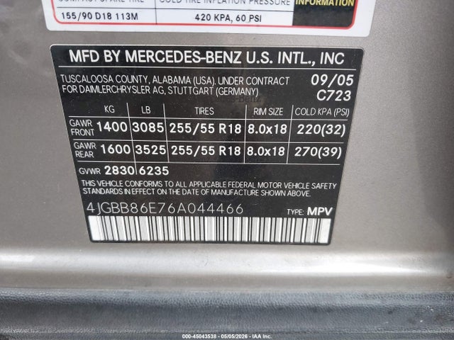 45043538 :رقم المزاد ، 4JGBB86E76A044466 vin ، 2006 Mercedes-benz Ml 350 4matic مزاد بيع