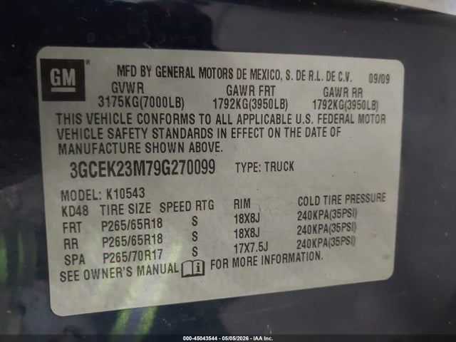 45043544 :رقم المزاد ، 3GCEK23M79G270099 vin ، 2009 Chevrolet Silverado 1500 Lt مزاد بيع