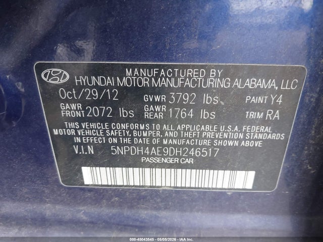 2013 Hyundai Elantra Gls მანქანა იყიდება აუქციონზე, vin: 5NPDH4AE9DH246517, აუქციონის ნომერი: 45043545