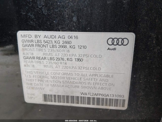 45043548 :رقم المزاد ، WA1L2AFP6GA131093 vin ، 2016 Audi Q5 2.0t Premium مزاد بيع