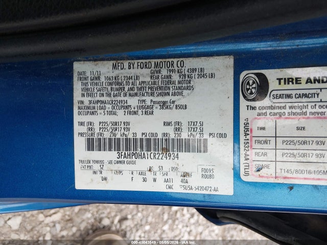 45043549 :رقم المزاد ، 3FAHP0HA1CR224934 vin ، 2012 Ford Fusion Se مزاد بيع