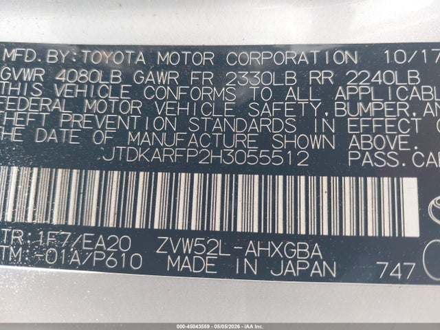 Aukcja sprzedaży 2017 Toyota Prius Prime, vin: JTDKARFP2H3055512, numer aukcji: 45043559