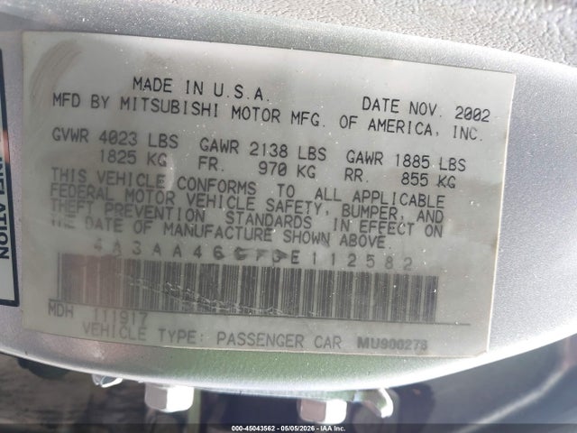 Auction sale of the 2003 Mitsubishi Galant Es/ls, vin: 4A3AA46G13E112582, lot number: 45043562