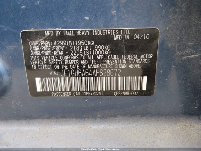 Продажа на аукционе авто 2010 Subaru Impreza 2.5i, vin: JF1GH6A64AH828672, номер лота: 45043564