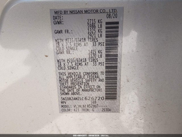 Продажа на аукционе авто 2020 Nissan Pathfinder S 4wd, vin: 5N1DR2AM2LC626720, номер лота: 45043577