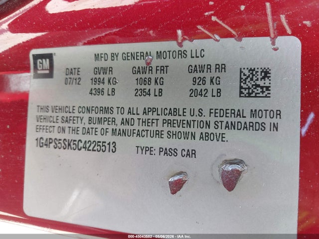 2012 Buick Verano Leather Group მანქანა იყიდება აუქციონზე, vin: 1G4PS5SK5C4225513, აუქციონის ნომერი: 45043582