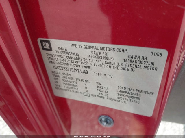 Aukcja sprzedaży 2008 Gmc Acadia Slt-2, vin: 1GKEV33778J224040, numer aukcji: 45043586