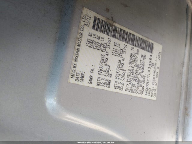 2012 Nissan Frontier S მანქანა იყიდება აუქციონზე, vin: 1N6AD0ER3CC434994, აუქციონის ნომერი: 45043588